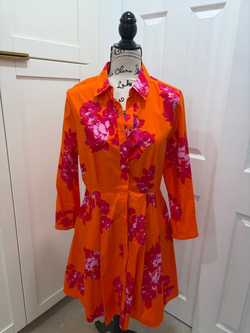Vibrant Orange Floral Midi Flared Shirt Dress